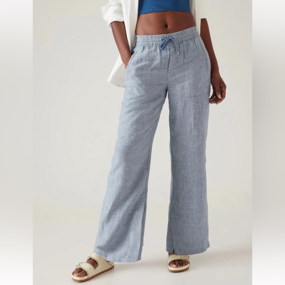 Athleta Retreat Wide Leg Pull On Linen Pants 18 Blue Zip Pockets Travel Relaxed